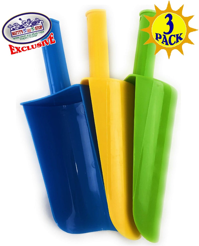 Matty's Toy Stop 9" Kids Short Handle Sand Scoop Plastic Shovels for Sand & Beach (Yellow, Blue & Green) Gift Set Bundle - 3 Pack - Image 5